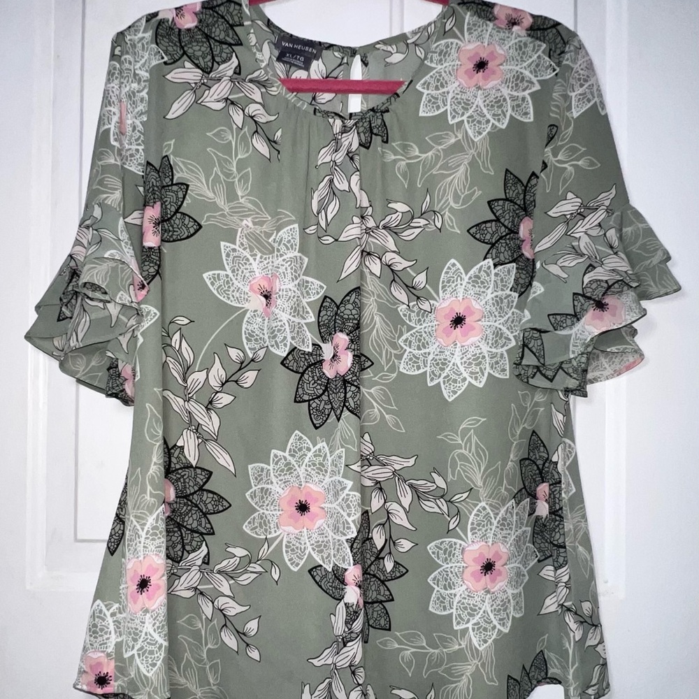 Van Heusen Green Floral Blouse with Ruffle Sleeves